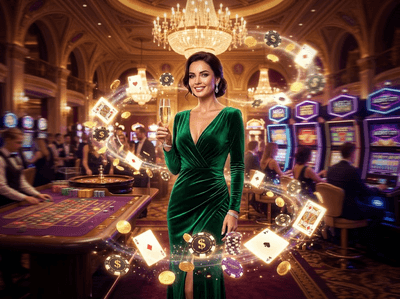 A luxurious digital casino display featuring golden slot machines and a tropical beach theme